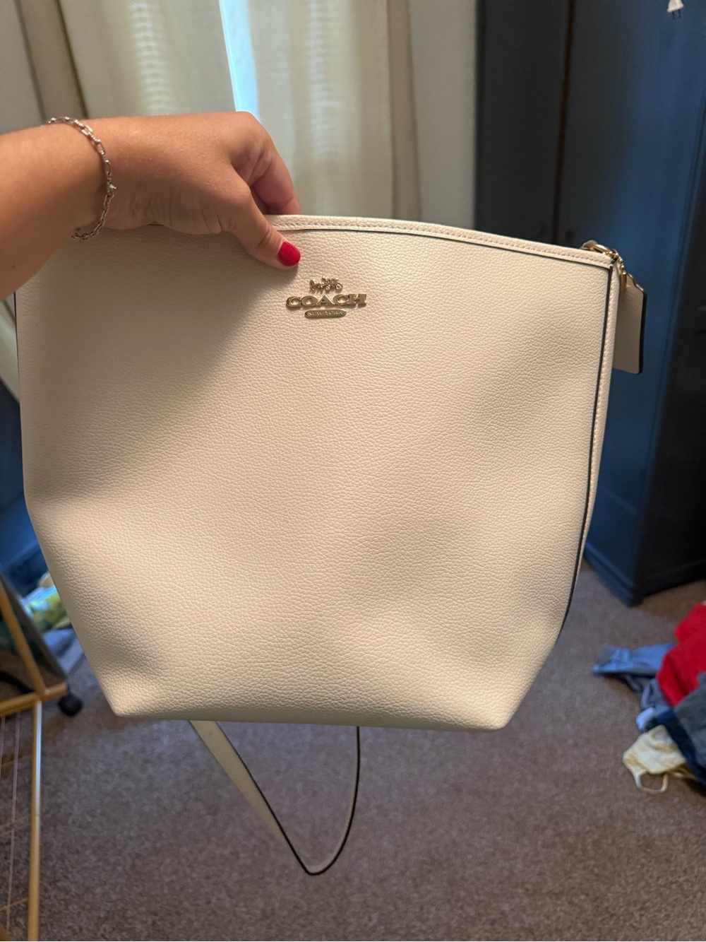 Coach Cream Pebbled Leather Shoulder Bag with Gold Logo